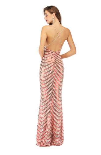 Contrast Chevron Sequined Straps Evening Dress