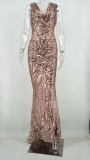 Rose Gold Sequin Double V-Neck Sleeveless Maxi Evening Dress
