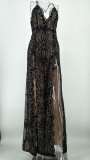Black Sequin Embellished Straps Double Slit Evening Dress