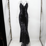 Black Geometric Sequined Straps Maxi Mermaid Evening Dress