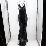 Black Geometric Sequined Straps Maxi Mermaid Evening Dress