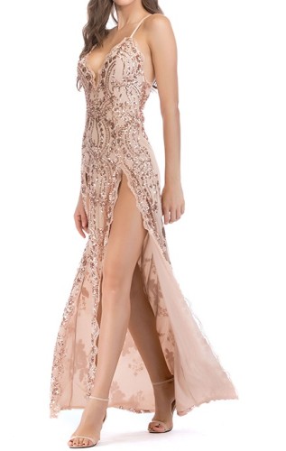 Apricot Sequin Deep V Straps Double Slit Evening Dress