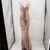 Geometric Sequined Straps Maxi Mermaid Evening Dress