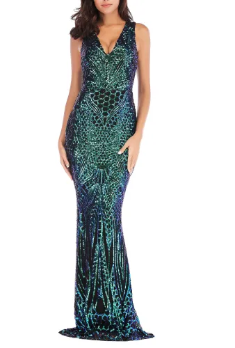 Green Sequin Double V-Neck Sleeveless Maxi Evening Dress