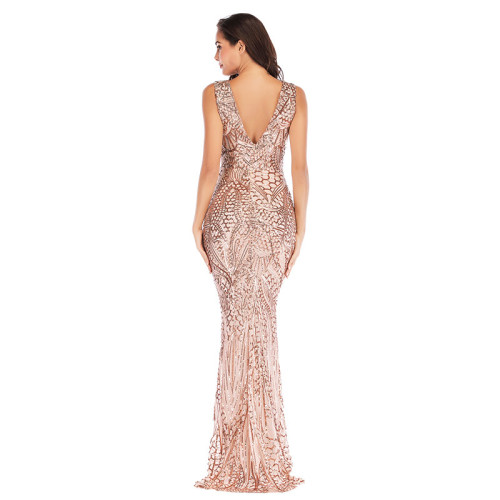 Rose Gold Sequin Double V-Neck Sleeveless Maxi Evening Dress