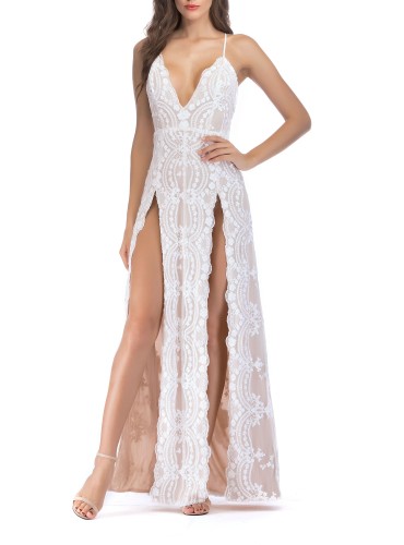 Deep V White Sequin Straps Double Slit Evening Dress