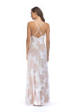 Deep V White Sequin Straps Double Slit Evening Dress