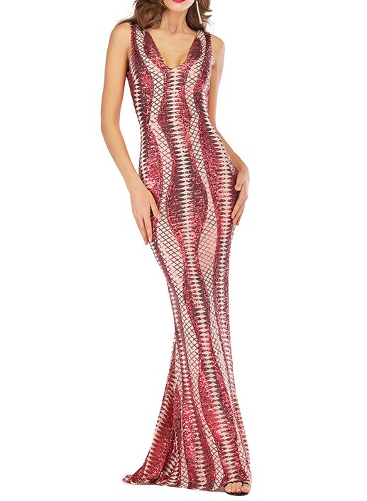 Geometric Pattern Sequin Sleeveless Mermaid Evening Dress