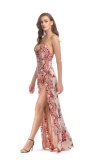 Deep V Contrast Red Sequin Straps Double Slit Evening Dress