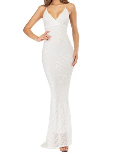 Chevron Sequined White Straps Evening Dress