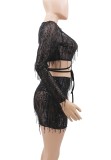 Black Mesh Fringe Sequin Wrap Around Crop Top & Mini Skirt