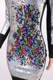 High Neck Color Changing Sequin Splice Bodycon Dress
