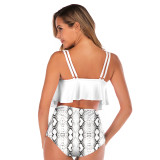 White Top Snakeskin Print Ruffle High Waist Bikini Set