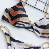 Tiger Skin Print Front Closure Metal Chain Thong Bikini Set