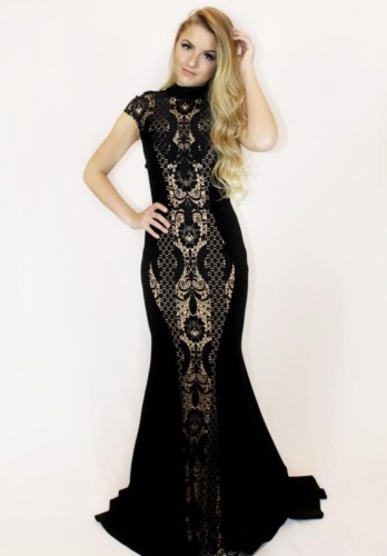 Black Lace Splice Cap Sleeve Mermaid Evening Dress