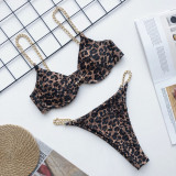 Leopard Print Front Closure Metal Chain Thong Bikini Set