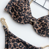 Leopard Print Front Closure Metal Chain Thong Bikini Set