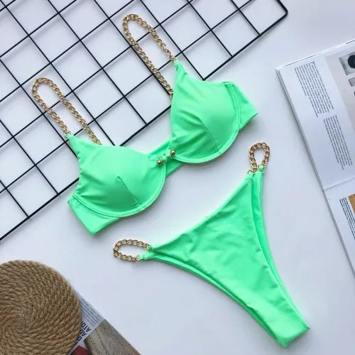 Sexy Green Front Closure Metal Chain Thong Bikini Set