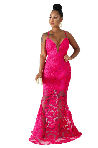 Hot Pink Applique Plunge Cami Mermaid Evening Dress