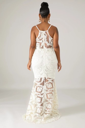 White Applique Plunge Cami Mermaid Evening Dress