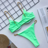 Sexy Green Front Closure Metal Chain Thong Bikini Set