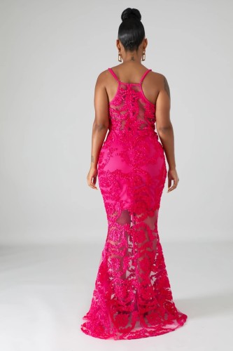 Hot Pink Applique Plunge Cami Mermaid Evening Dress