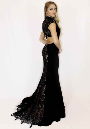 Black Lace Splice Cap Sleeve Mermaid Evening Dress