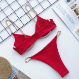 Sexy Red Front Closure Metal Chain Thong Bikini Set