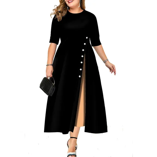 Half Sleeve Button Trim Fit and Flare Plus Midi Dress