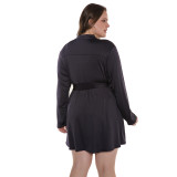 Black Long Sleeve Zip Front Belted Short Plus Size Dress