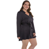 Black Long Sleeve Zip Front Belted Short Plus Size Dress