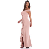Pink Off Shoulder Ruffle Slit Evening Dress