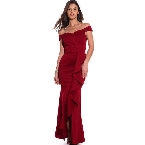 Red Off Shoulder Ruffle Slit Evening Dress