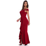 Red Off Shoulder Ruffle Slit Evening Dress