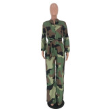 Green Camouflage Print Waist Tie Casual Jumpsuit