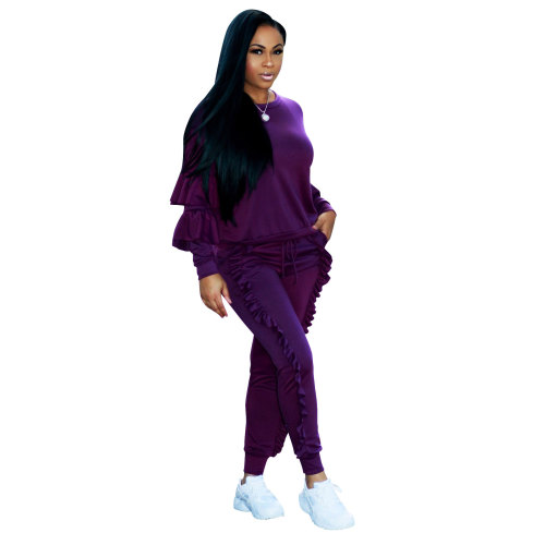 Purple Ruffle Trim Sweat Suits 8 Colors Fashion Tracksuit