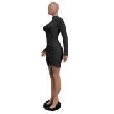 Black Plain Color Drawstring Ruched Bodycon Dress