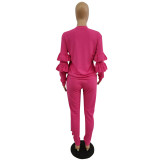 Hot Pink Ruffle Trim Sweat Suits 8 Colors Fashion Tracksuit
