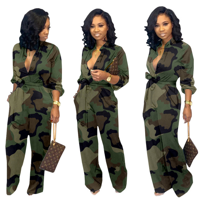 Green Camouflage Print Waist Tie Casual Jumpsuit
