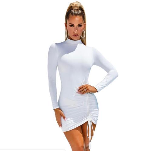 White Plain Color Drawstring Ruched Bodycon Dress