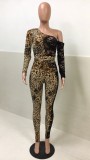 Lace Splice Leopard Print One Shoulder Top & Legging Set