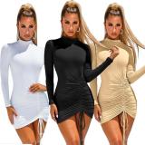White Plain Color Drawstring Ruched Bodycon Dress
