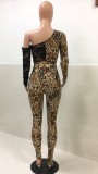 Lace Splice Leopard Print One Shoulder Top & Legging Set