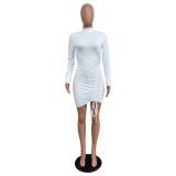 White Plain Color Drawstring Ruched Bodycon Dress