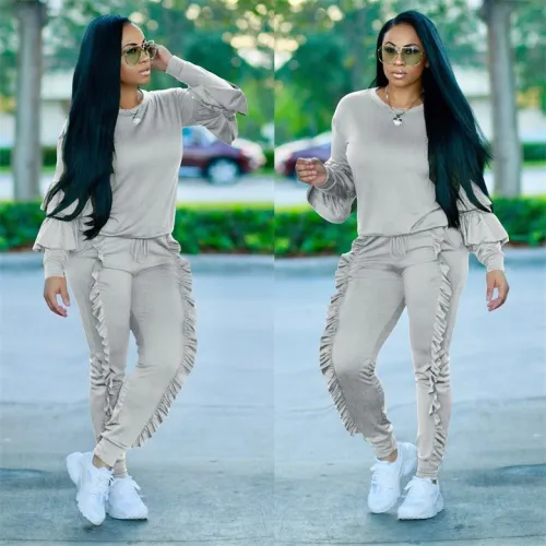 Gray Ruffle Trim Sweat Suits 8 Colors Fashion Tracksuit