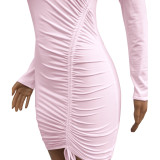 Plain Color Pink Drawstring Ruched Bodycon Dress