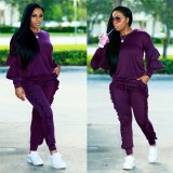 Purple Ruffle Trim Sweat Suits 8 Colors Fashion Tracksuit