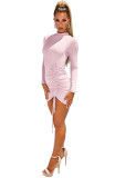 Plain Color Pink Drawstring Ruched Bodycon Dress