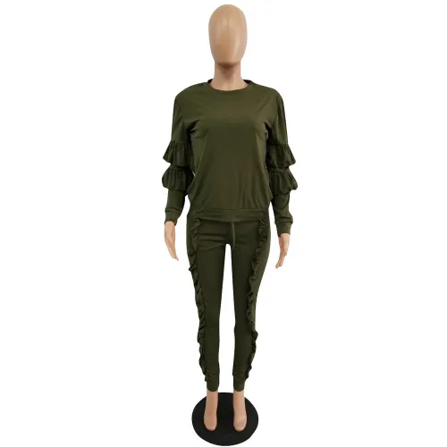 Army Green Ruffle Trim Sweat Suits 8 Colors Fashion Tracksuit
