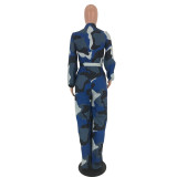 Blue Camouflage Print Waist Tie Casual Jumpsuit